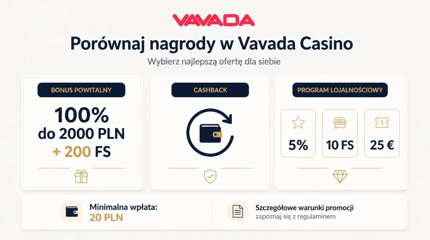 Panel porównania bonusu powitalnego, cashbacku i nagród tygodniowych z przypomnieniem o depozycie 20 PLN