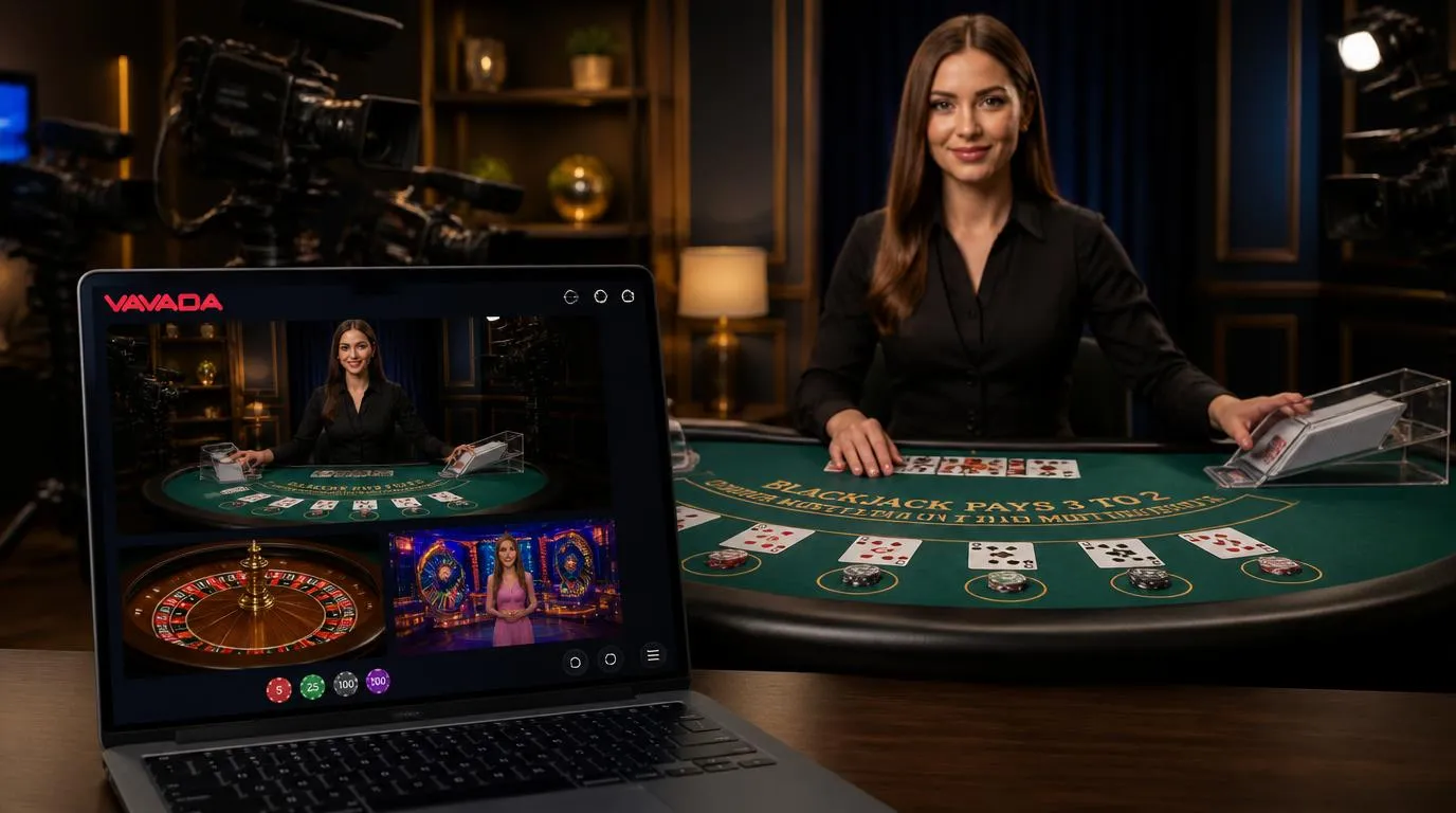 Krupierka przy stole blackjacka w studiu live, obok podgląd ruletki i teleturnieju na ekranie