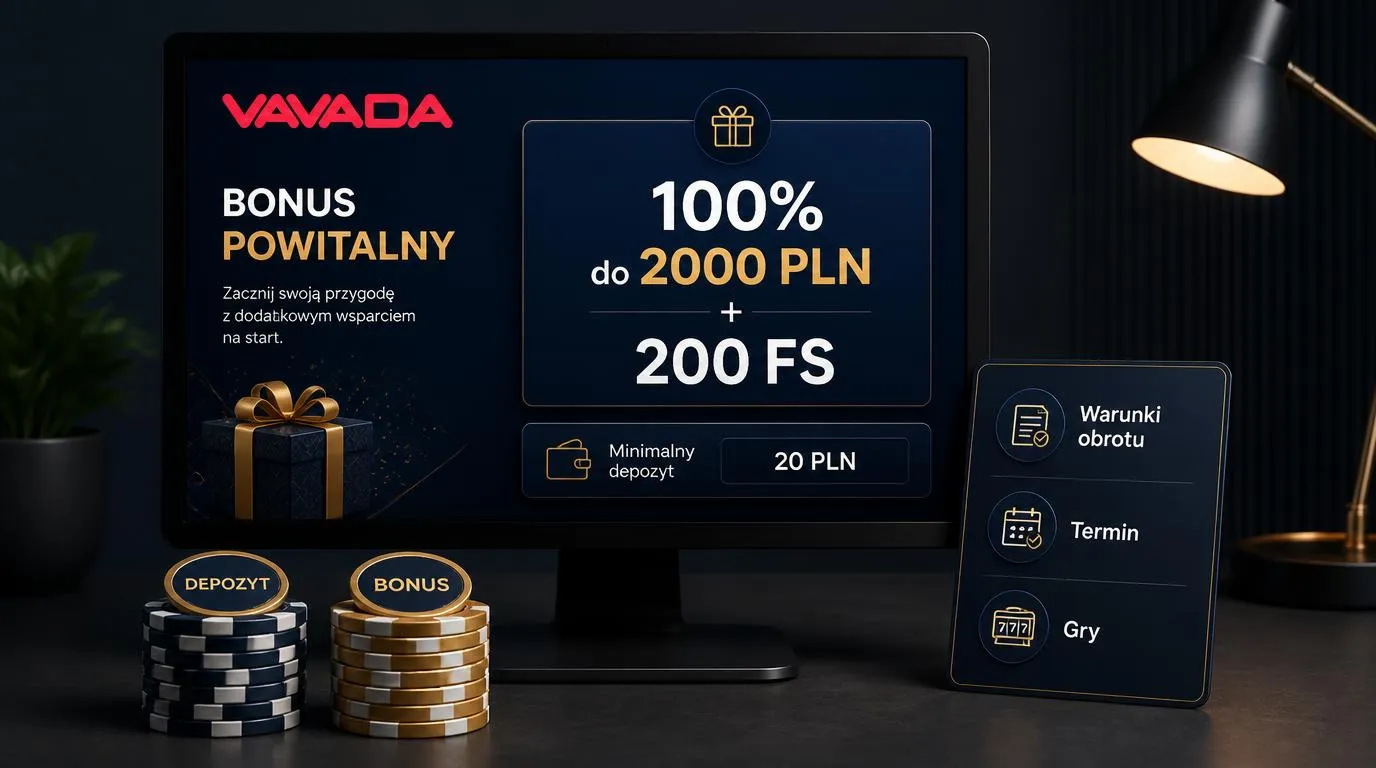 Panel bonusu powitalnego z ofertą 100% do 2000 PLN, 200 darmowymi spinami i minimalnym depozytem 20 PLN