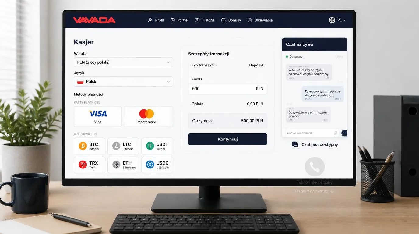 Polskojęzyczny panel kasy z wyborem PLN, płatnościami kartą i kryptowalutami oraz oknem czatu