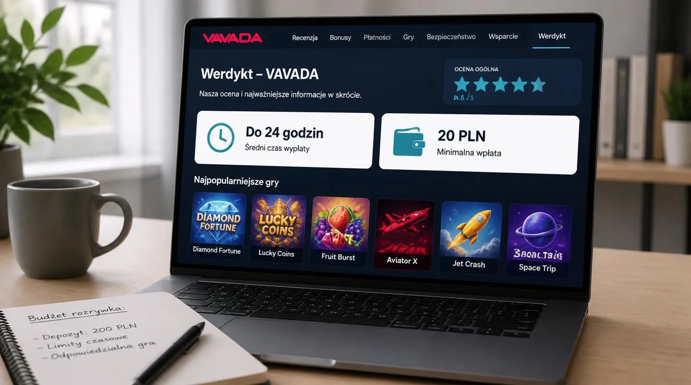 Panel kasyna z terminem wypłaty Do 24 godzin, depozytem 20 PLN i kartami gier na ekranie laptopa